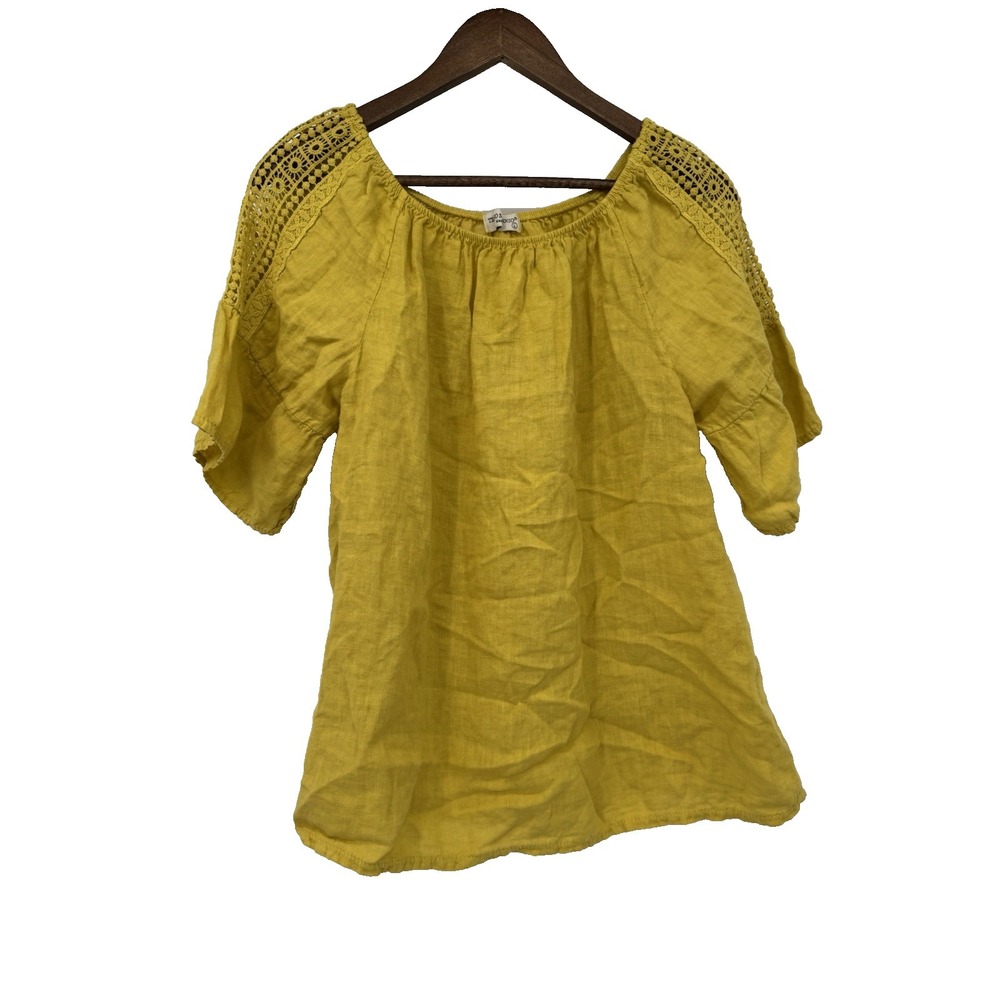 Terzo Millennio 100% Linen Yellow Blouse Large  Short‎ Sleeve Boho lightweight
